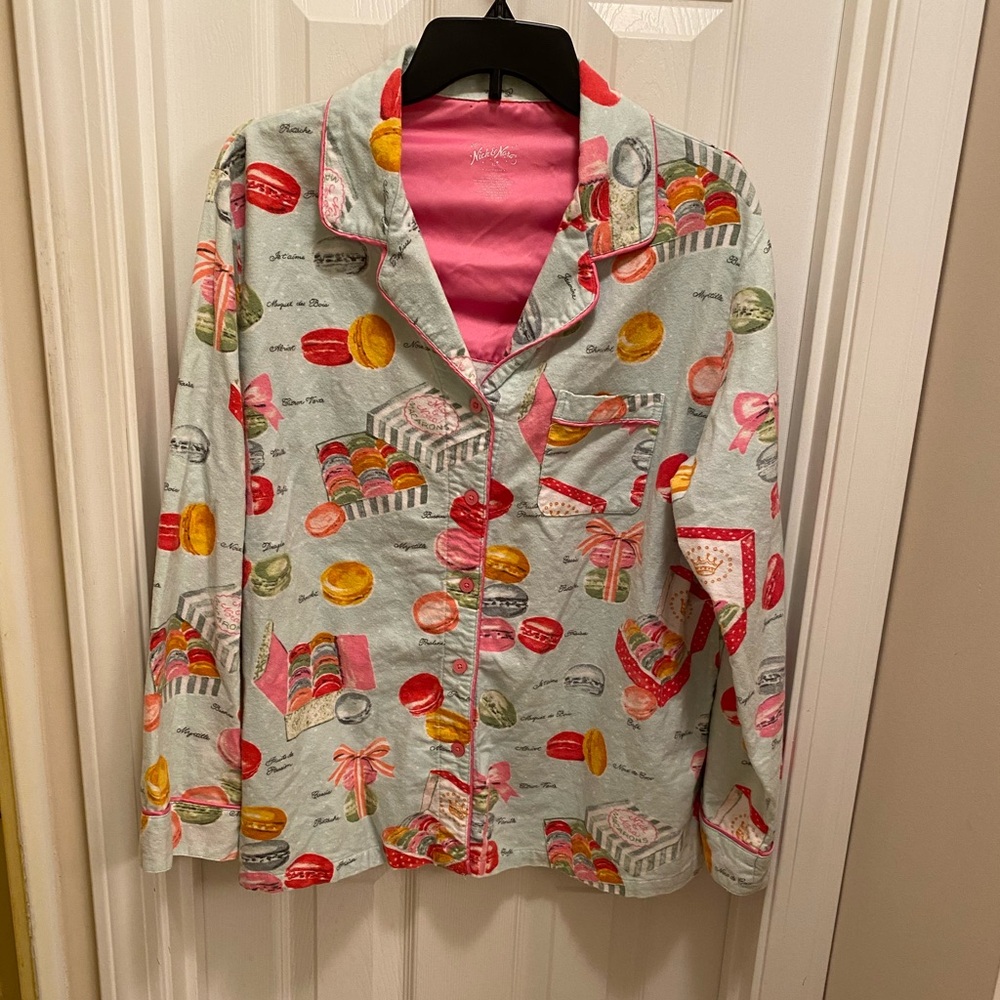 Nick & Nora Flannel Macaron Pajama Top Button up Shirt Novelty Warm Cozy Cotton